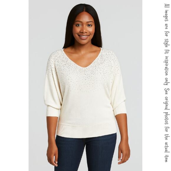 ELLE Off-White Sequined Dolman Sleeve Sweater, M - Picture 9 of 9
